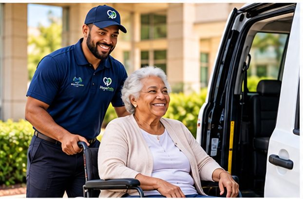 Driver assisting a passenger in a wheelchair beside a van